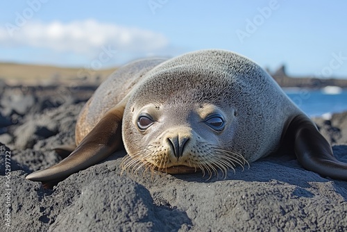 Galapagos sea lion pup resting on volcanic rocks in the galapagos islands photo