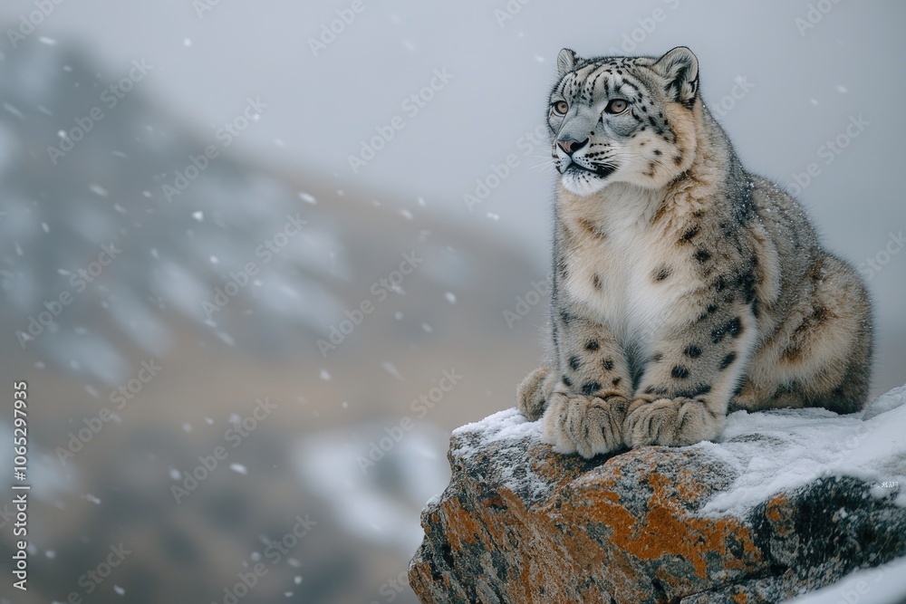 Fototapeta premium Snow leopard sitting on a rock during snowfall in the mountains