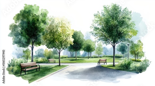 A tranquil park scene featuring lush trees, benches, and a pathway, inviting relaxation and enjoyment of nature.