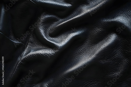 A close-up of crumpled black leather, showcasing its texture and sheen.