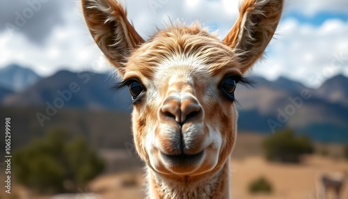 Close-up photograph of a vicu¤a showcasing its soft, light brown fur and large dark eyes against a blurred natural background of the Andes mountains, emph photo