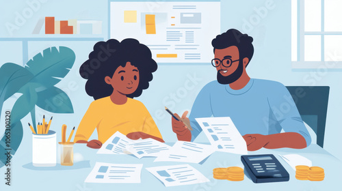 Family reviewing debt consolidation options, discussing finances with documents and calculator. Engaging and collaborative atmosphere photo