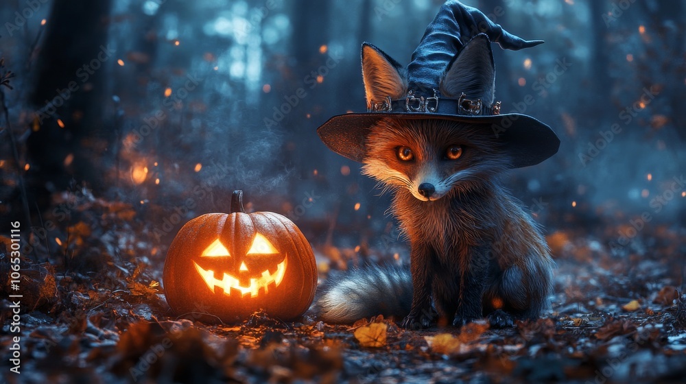 Fototapeta premium A Fox Dressed as a Witch with a Jack-o'-Lantern in a Forest