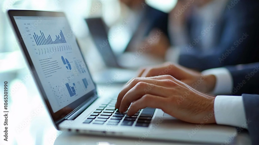An extreme close-up of a professional's fingers typing on a laptop with business charts on the screen. The background features blurred outlines of coworkers in discussion, emphasizing work focus An extreme close-up of a professional's fingers typing on a laptop with business charts on the screen. The background features blurred outlines of coworkers in discussion, emphasizing work focus