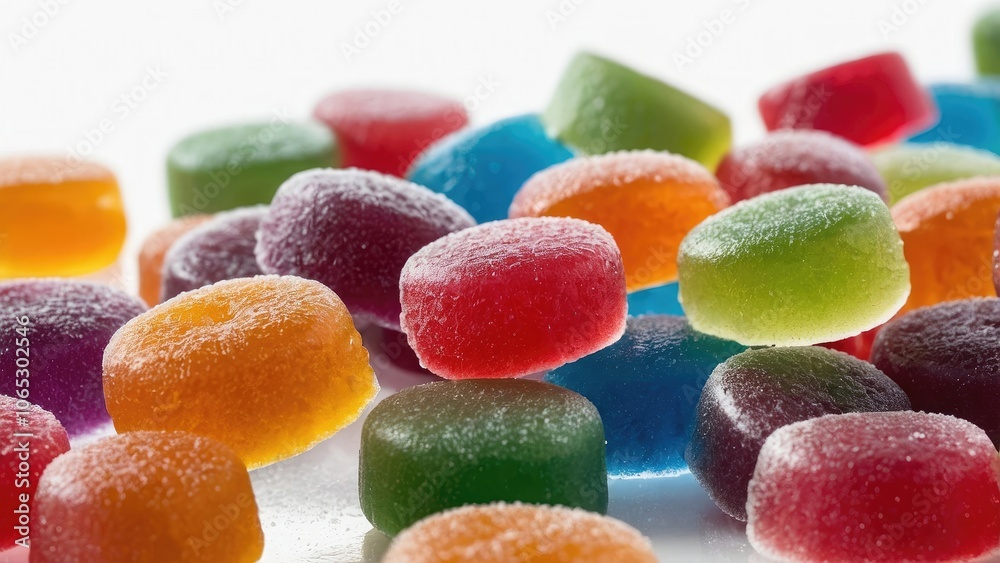 A collection of gummy candy coated in sugar, isolated on a clear or white background A collection of gummy candy coated in sugar, isolated on a clear or white background