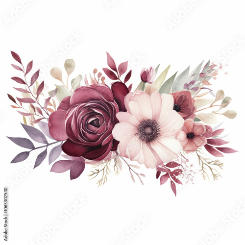 Watercolor Floral Arrangement in Burgundy and Pink