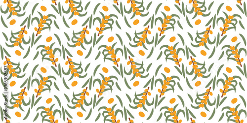 Vibrant seamless pattern featuring sea buckthorn berries and green leaves on a white background.