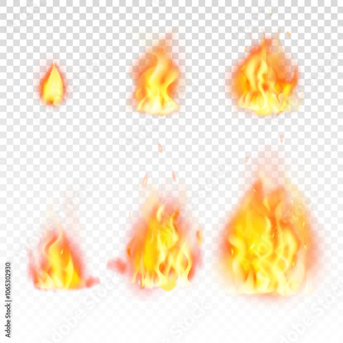 Translucent orange fire flames and sparks on transparent white background. Tongues of flames, fire flame realistic set. Burning elements, ignition effect, fireball energy icons