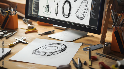 A designer's desk with a computer screen displaying sketches of a product design, and a hand-drawn sketch on a sheet of paper.