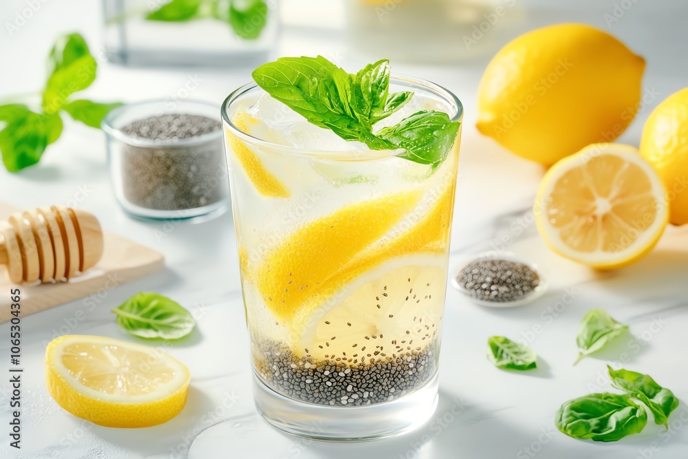 Fototapeta premium A refreshing lemon basil drink with ice and chia seeds, perfect for summer. Bright colors and natural ingredients create a vibrant look.