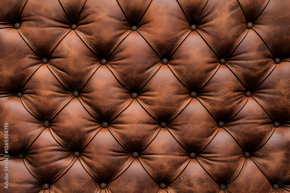 Close-up of a tufted leather surface with a rich brown color and textured pattern. Close-up of a tufted leather surface with a rich brown color and textured pattern.