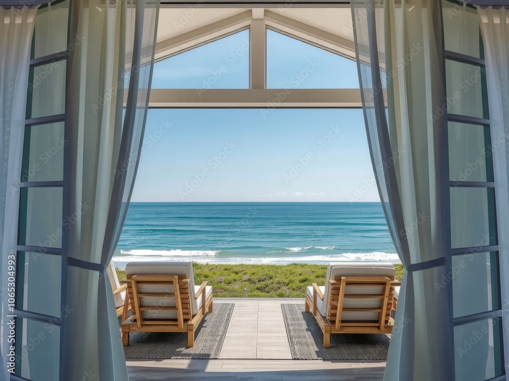 Obraz premium A beach house with a view of the ocean. The curtains are open, revealing two lounge chairs on the porch. The chairs are facing the water, and the ocean is calm and blue