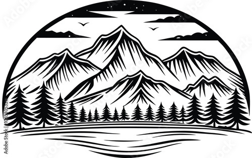 A black and white illustration of a mountain range, forest, 