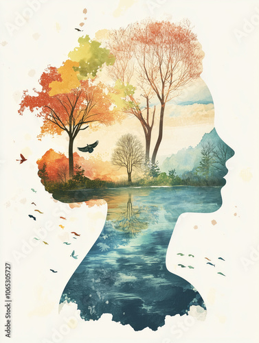 Human head silhouette with autumn trees and lake.