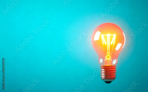 A glowing light bulb emits warm light against a vibrant blue background, symbolizing creativity and innovation. Perfect for concepts related to ideas and solutions.