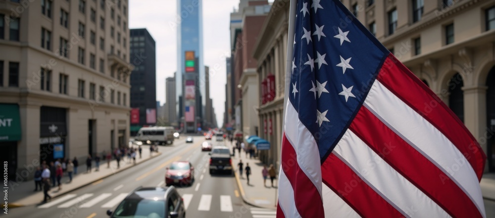 Obraz premium A close-up of a surveillance camera with an American flag nearby overlooking a busy urban scene