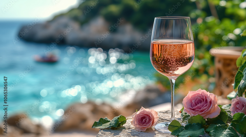 Glass of rose wine on terrace with view on sea.