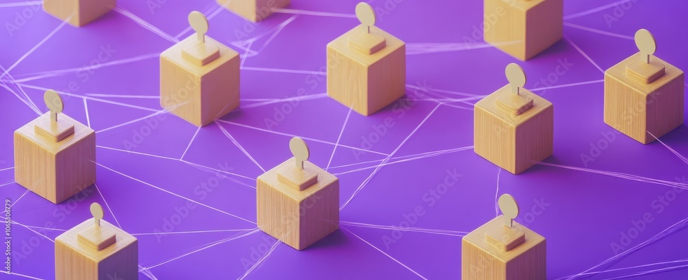 Obraz premium Wooden blocks with human icons connected by lines on purple background, symbolizing networking and communication