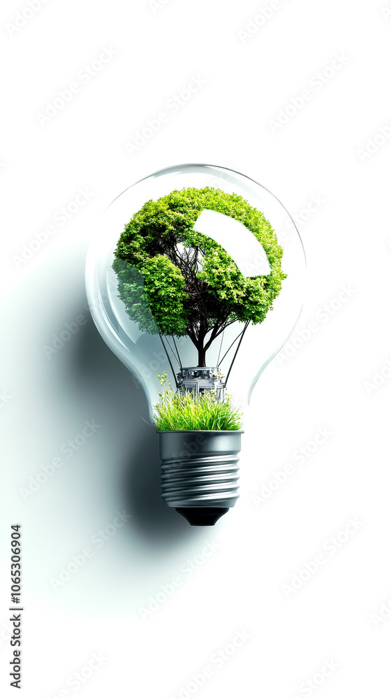 A creative concept of a light bulb featuring a tree and grass, symbolizing sustainable energy and nature, on a white isolated background. A creative concept of a light bulb featuring a tree and grass, symbolizing sustainable energy and nature, on a white isolated background.