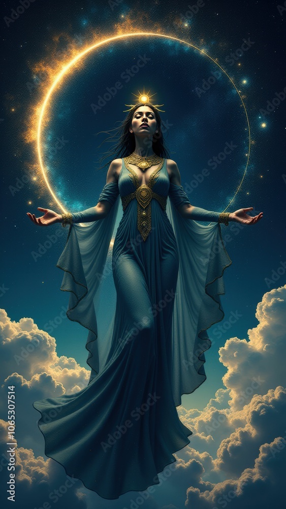 Obraz premium Nut standing with arms open, surrounded by celestial light and clouds, embodying her connection to the heavens as a powerful goddess