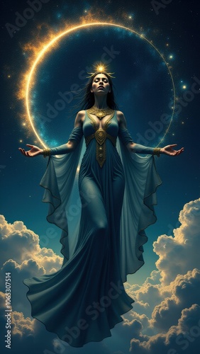 Nut standing with arms open, surrounded by celestial light and clouds, embodying her connection to the heavens as a powerful goddess