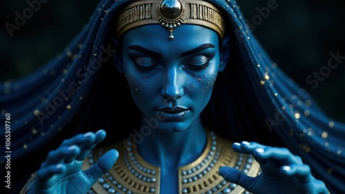 Nut, Egyptian goddess, meditating with eyes closed, adorned with ornate jewelry, symbolizing peace and cosmic wisdom