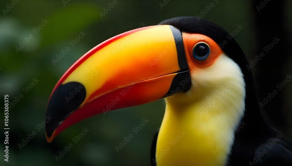Fototapeta premium Close-up of colorful toucan with large vibrant beak against blurred green background