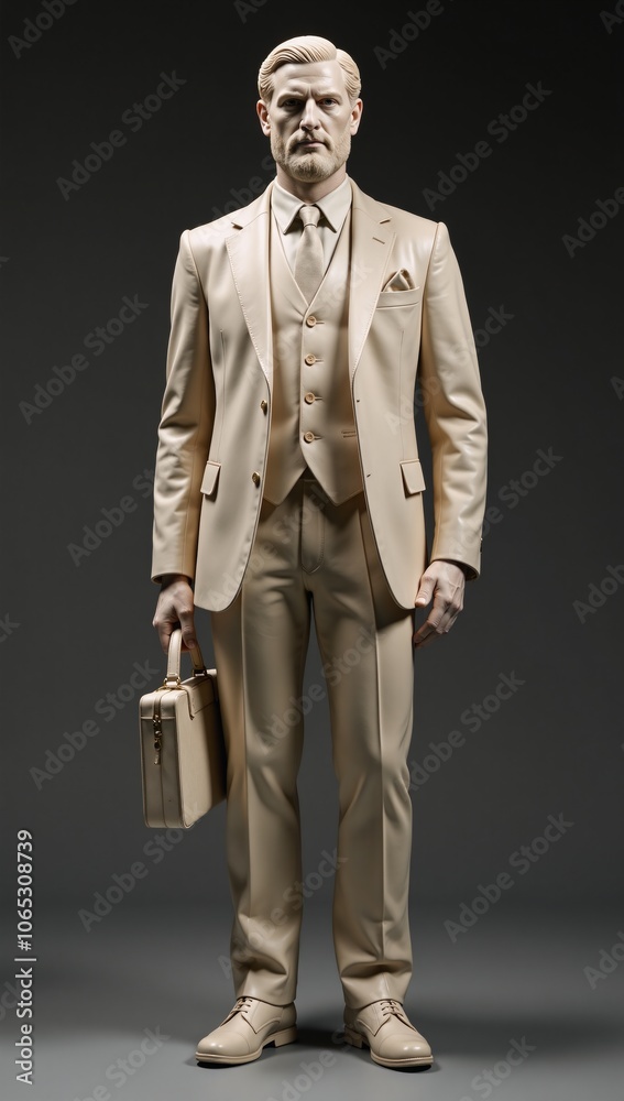 Business-suit-clad Greek sculpture statue with modern accessories in photography setting Business-suit-clad Greek sculpture statue with modern accessories in photography setting
