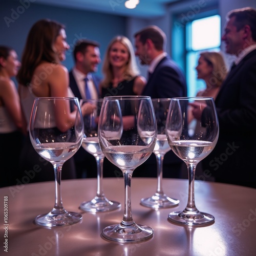 Cocktail party scene featuring businesspeople networking around wineglasses on a table photo