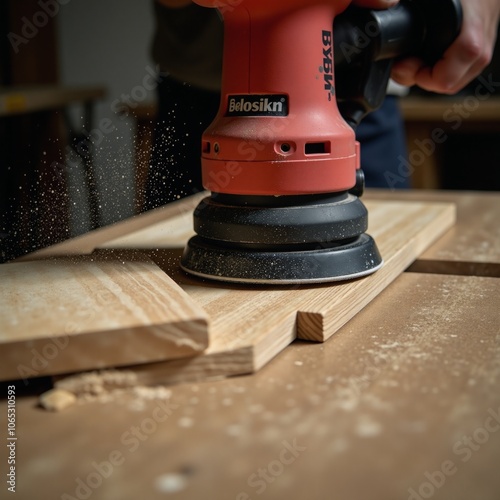Electric sander smoothes wooden boards while generating dust photo