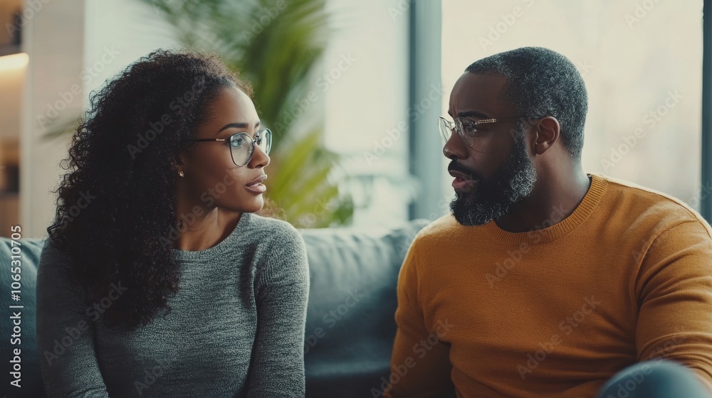 Obraz premium A young woman and a man sitting on a couch, looking at each other and talking.