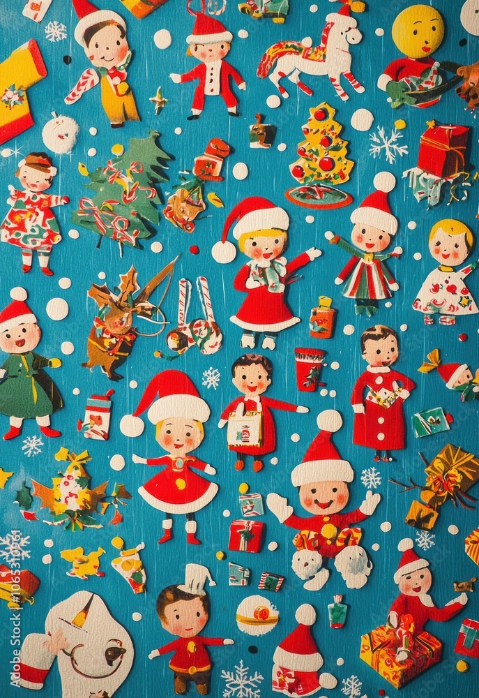 1950s-inspired background with classic Christmas characters and bright colors. 1950s-inspired background with classic Christmas characters and bright colors.