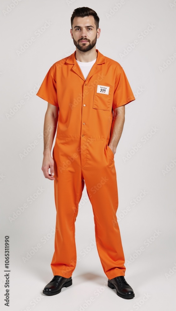 Fototapeta premium Orange prison jumpsuit with ID tag on chest against stark white backdrop symbolic
