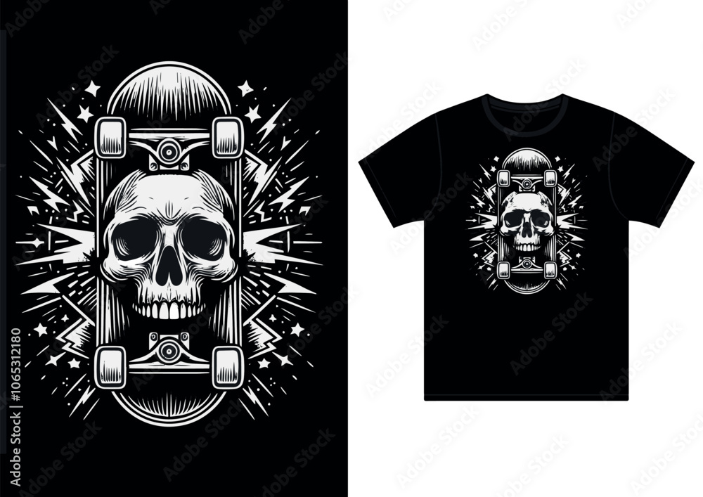 Fototapeta premium Skateboard and Skeleton skater t-shirt print. Vector illustration.