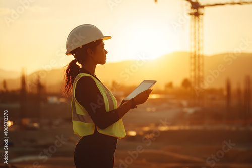 A silhouette of a Hispanic woman in a hard hat and safety vest holds a tablet against a stunning sunset at a construction site