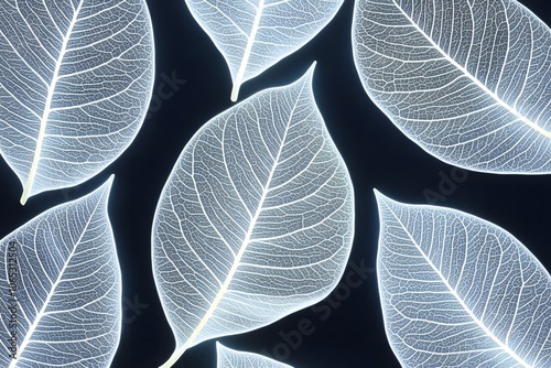 A surreal image of glow-in-the-dark leaves glowing softly in the darkness, casting an ethereal light, with hints of their natural shapes barely visible.