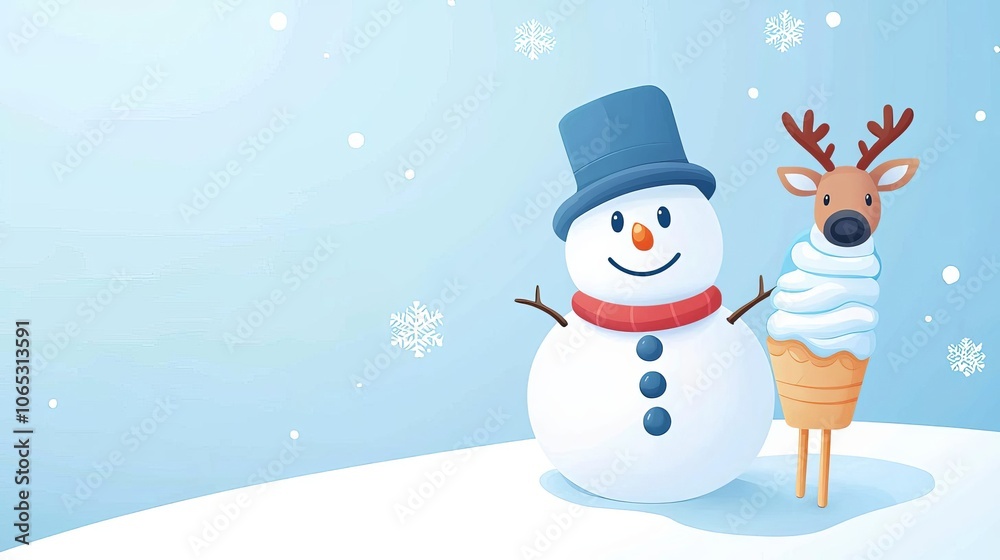 Fototapeta premium Christmas snowman with reindeer-shaped ice cream, winter scene, flat design illustration