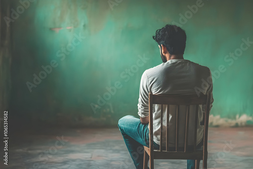 A man sits alone on a chair in a minimalistic room, gazing introspectively at the green wall, evoking feelings of solitude and contemplation photo