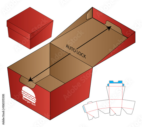 Hamburger Box packaging die cut template design. 3d mock-up