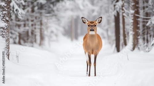 Wallpaper Mural A deer standing on a snow-covered path surrounded by trees in winter. Torontodigital.ca