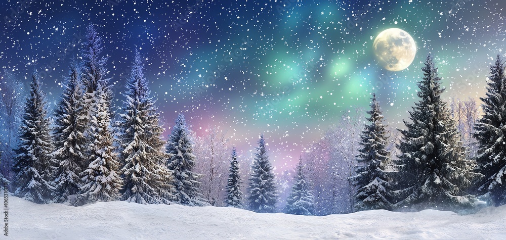 Fototapeta premium Snowy forest under a starry sky with northern lights and a bright full moon.