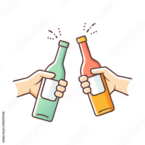 hand holding bottle of beer, clinking bottles vector icon.