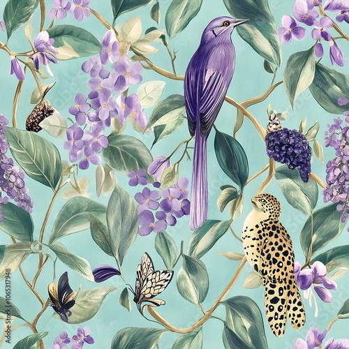 Purple Bird and Leopard Bird in Lilac Flowers