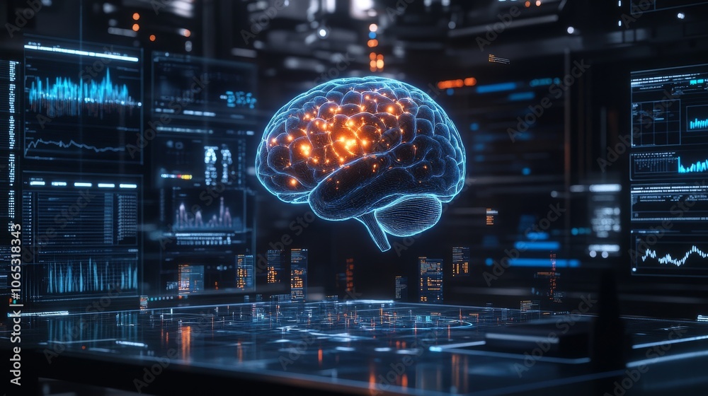 Obraz premium Digital Brain Hologram with Glowing Connections on a Futuristic Tech Interface