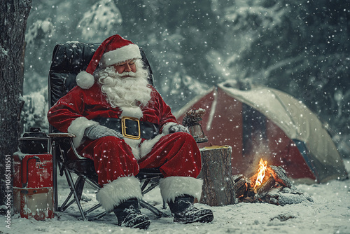 Santa Claus in red suit sitting on a camping chair near a campfire surrounded by snow and tents in a forest

