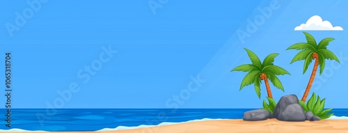 The summer sea or ocean beach scene features blue water, green palm trees on the beach, rock mountains, a seagull and a blue sky on a sunny day. Cartoon modern coastline.