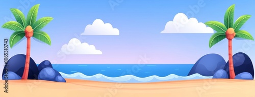 An ocean or sea beach with a blue lagoon, palm trees, sand, rock mountains, and seagulls in a blue sky on a sunny day. Cartoon coastline.