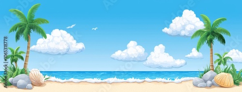 An idyllic summer seashore landscape with blue water and a tropical lagoon, palm trees and sand on the shore, rock mountains and gulls in a blue sky.