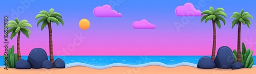 Seaside tropical beach with palm trees and rocks in water. Cartoon illustration of summer scene with ocean waves splashing on sandy coast, exotic plants, seagulls flying in blue sky above water.