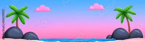 An illustration of a tropical seashore with palm trees and rocks in water. This cartoon illustration shows ocean waves splashing on a sandy coast, exotic plants, and seagulls flying in a blue sky